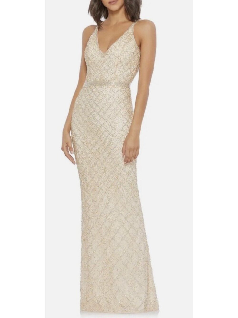 Mac Duggal Gown Dress Womens Size 6 Lattice Beaded Sheath V Neck 5374